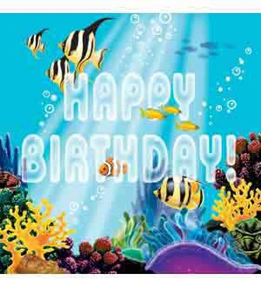 Blue ocean-themed napkin with colorful coral, tropical fish, and glowing "Happy Birthday" text.