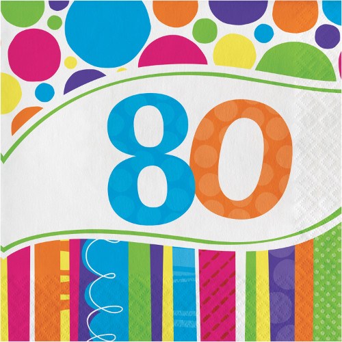 Colorful party napkin with large blue "8" and orange "0" and vibrant multicolor polka dots and stripes.