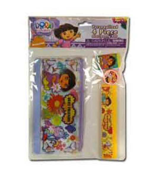 Dora-themed 4-piece stationery set with floral pencil case and yellow ruler featuring cartoon characters.
