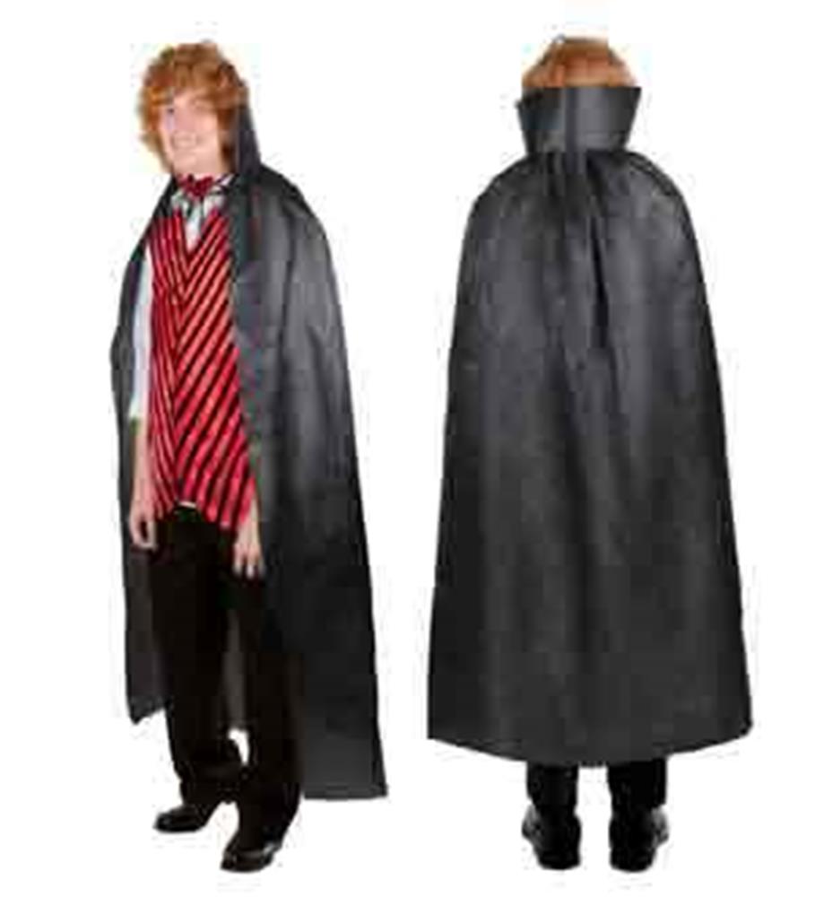 Long black satin magician’s cape with high stand-up collar, shown front and back on a person.