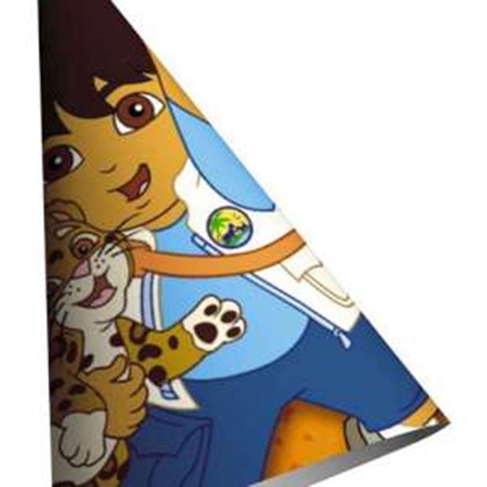 Colorful cone party hat featuring Go Diego Go character in blue shirt holding a jaguar cub.