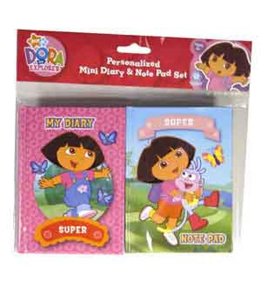 Dora mini diary with pink cover and butterfly design, and note pad featuring Dora with Boots on green background.
