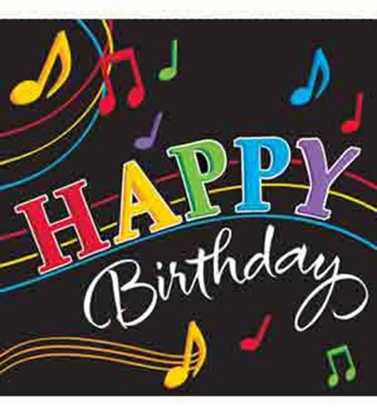 Black square napkin with colorful dancing music notes and vibrant "HAPPY Birthday" text in multicolor and white script.