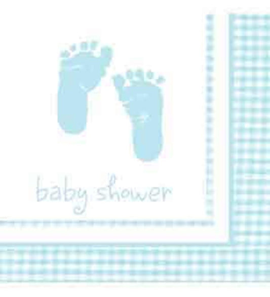 White napkins with blue baby footprints, "baby shower" text, and blue plaid border, 2-ply paper.