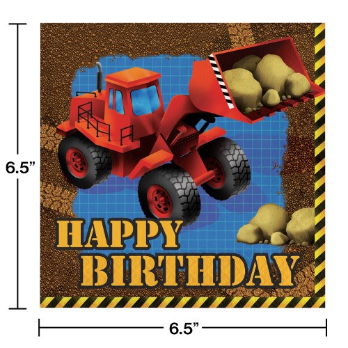 Square birthday napkin with red construction loader and dirt pile on blue grid background.