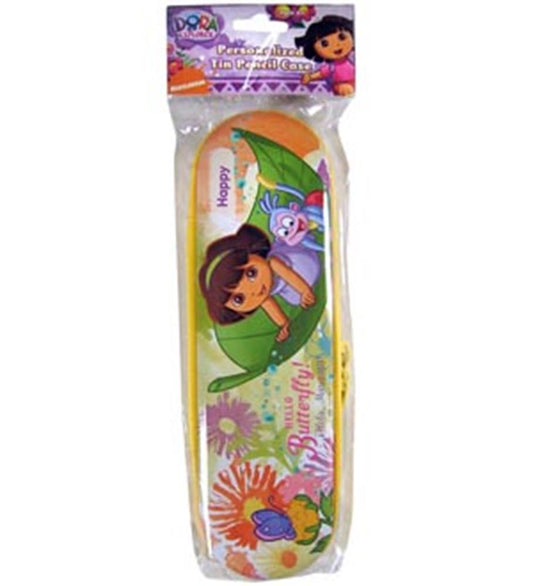 Yellow rectangular tin pencil case featuring Dora the Explorer holding a green umbrella with Boots the monkey and colorful.