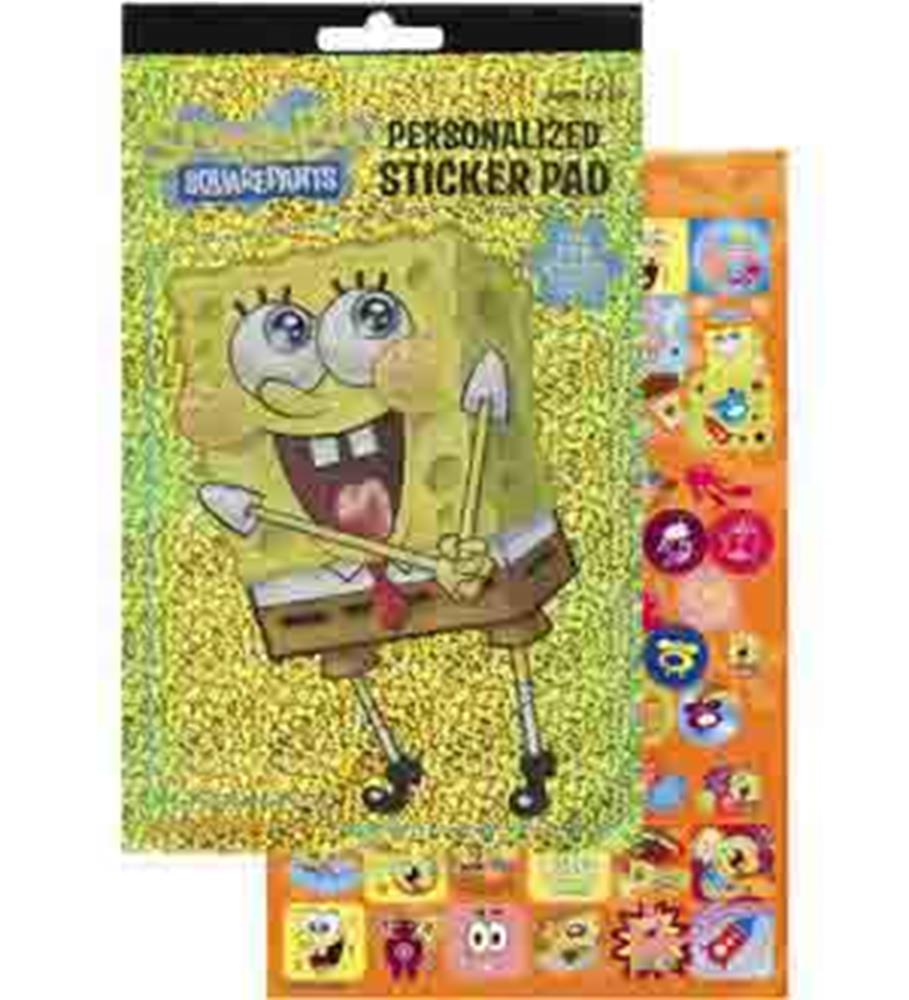 Yellow SpongeBob SquarePants sticker pad with 270 colorful cartoon character stickers and yellow sparkly cover.