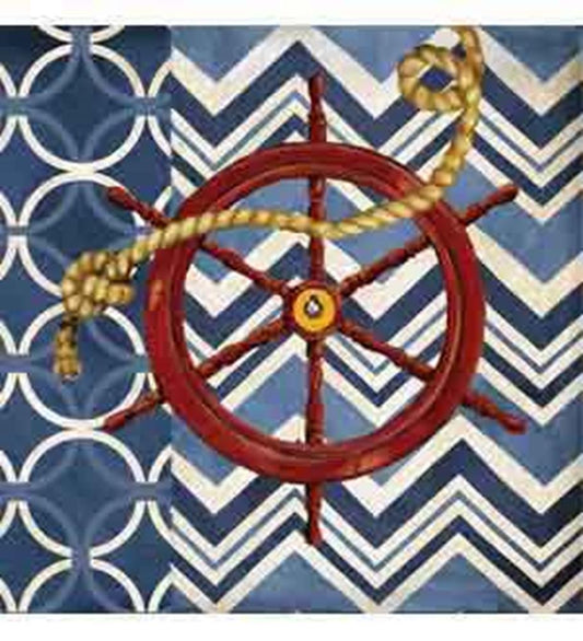 Square paper napkin with navy blue and white geometric patterns, featuring a central red ship wheel wrapped with a coiled.