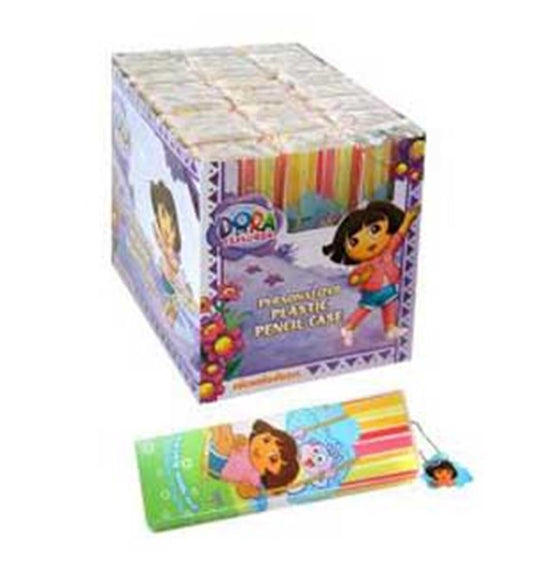 Colorful rectangular Dora the Explorer pencil case with a zippered top and character dangler attached.