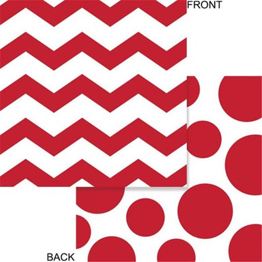 Red paper napkins with bold chevron stripes on one side and large red polka dots on the reverse side.