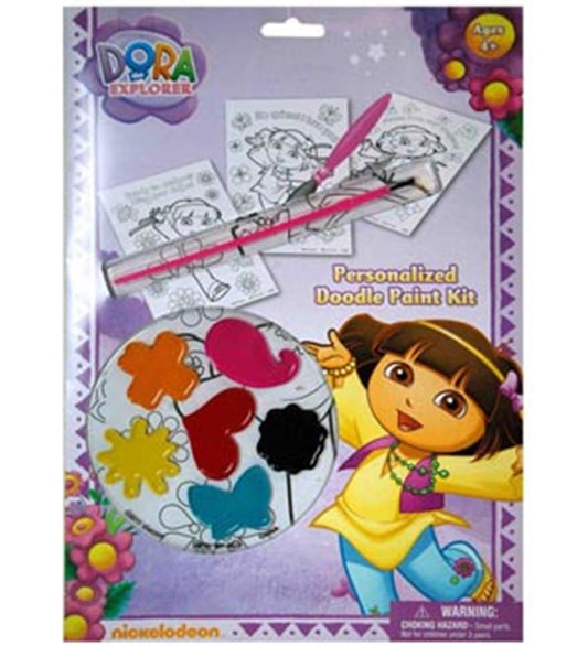 Dora Doodle Paint Kit with eight paint colors, paintbrush, and three black-and-white coloring sheets in a purple-themed.