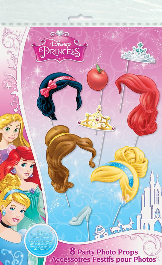Eight colorful princess-themed photo props including red apple, tiara, red long hair, black hairband with pink bow, brown.