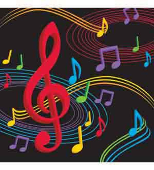 Black napkin with colorful dancing music notes and a large red treble clef design.