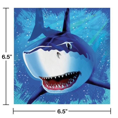 Blue square napkin with a large smiling shark graphic and water splash background, 6.5 inches.
