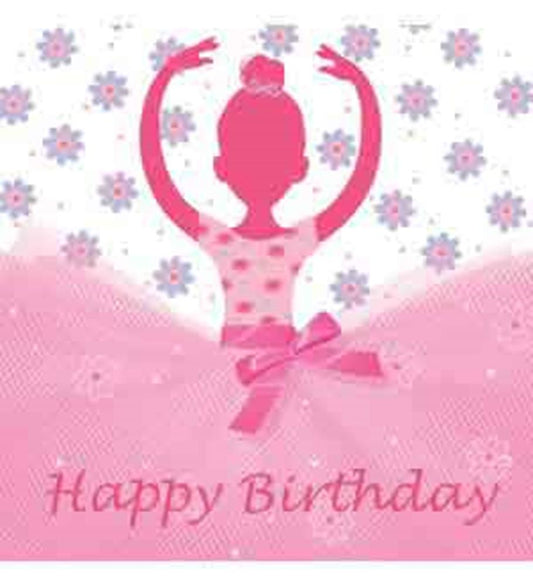 Pink ballerina silhouette with polka dot bodice, tulle tutu skirt, floral background, and "Happy Birthday" text.