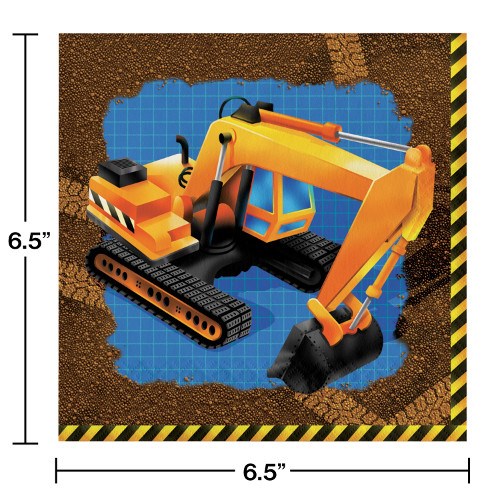 Square napkin with yellow excavator and blue construction background, 6.5 by 6.5 inches.