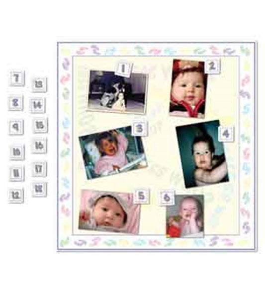 Baby shower game board with pastel footprint border, numbered slots, and black-and-white photo tokens for guessing baby.