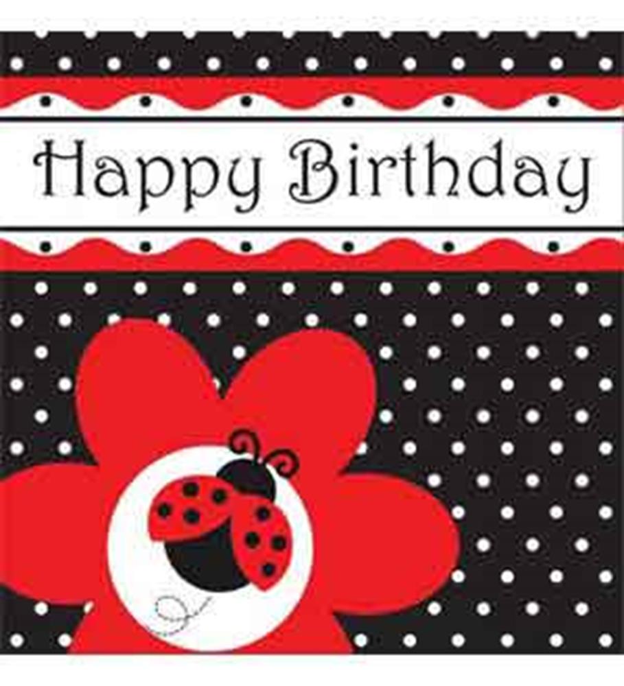 Black polka dot napkin with red scalloped border, large red flower, and ladybug illustration with "Happy Birthday" text.