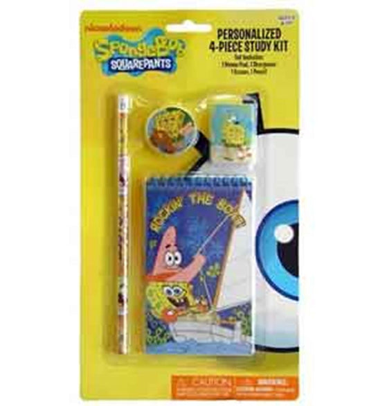 SpongeBob SquarePants 4-piece study kit with spiral notebook, pencil, sharpener, and eraser in yellow and blue packaging.