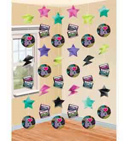 Colorful hanging 80s-themed string decorations with stars, lightning bolts, cassette tapes, and smiley faces.