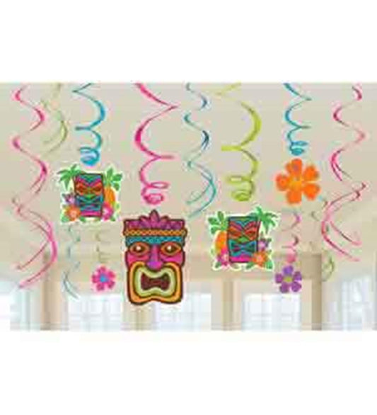 Colorful tiki face and flower hanging swirl decorations in pink, green, yellow, and blue for parties.