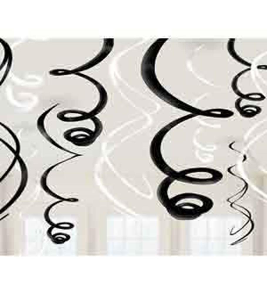 Black and white spiral hanging swirl decorations with a glossy finish.