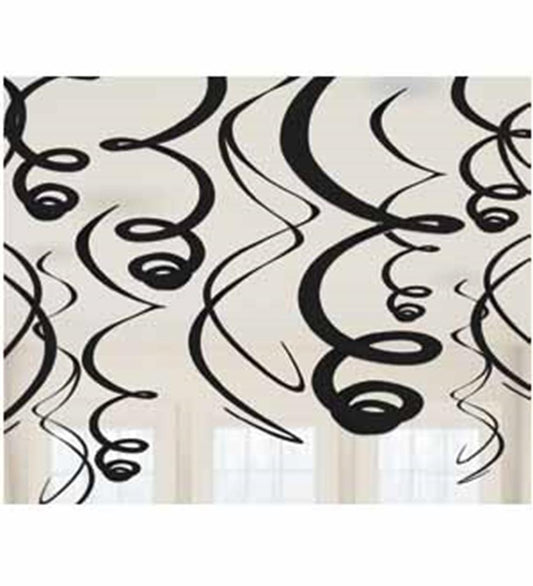 Black swirl hanging decorations with spiral and curl designs against a light background.