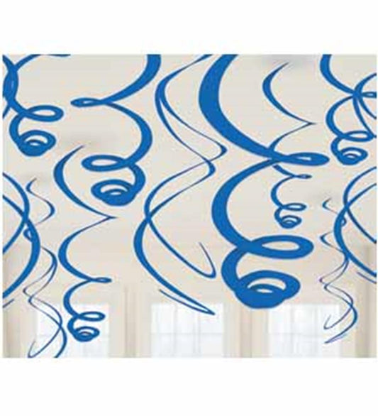 Bright royal blue plastic swirl decorations hanging against a window background, 12 pieces.