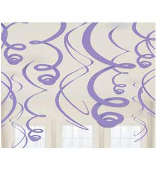 Purple plastic swirl decorations hanging in spirals for party decor.