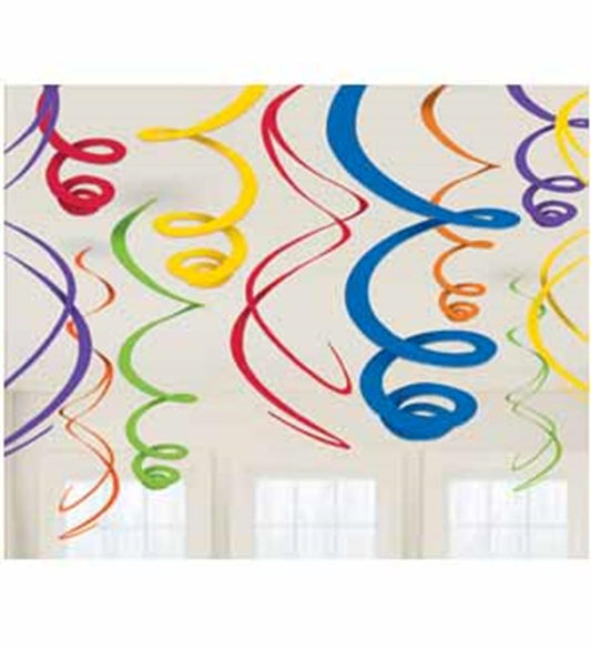 Colorful spiral paper swirl decorations in red, yellow, blue, purple, green, and orange hanging from the ceiling.
