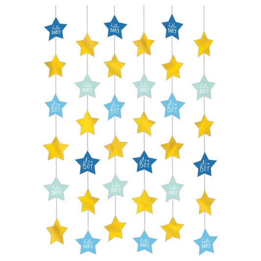 Hanging string decoration with alternating yellow stars and blue or light blue stars reading "Oh Baby Boy".
