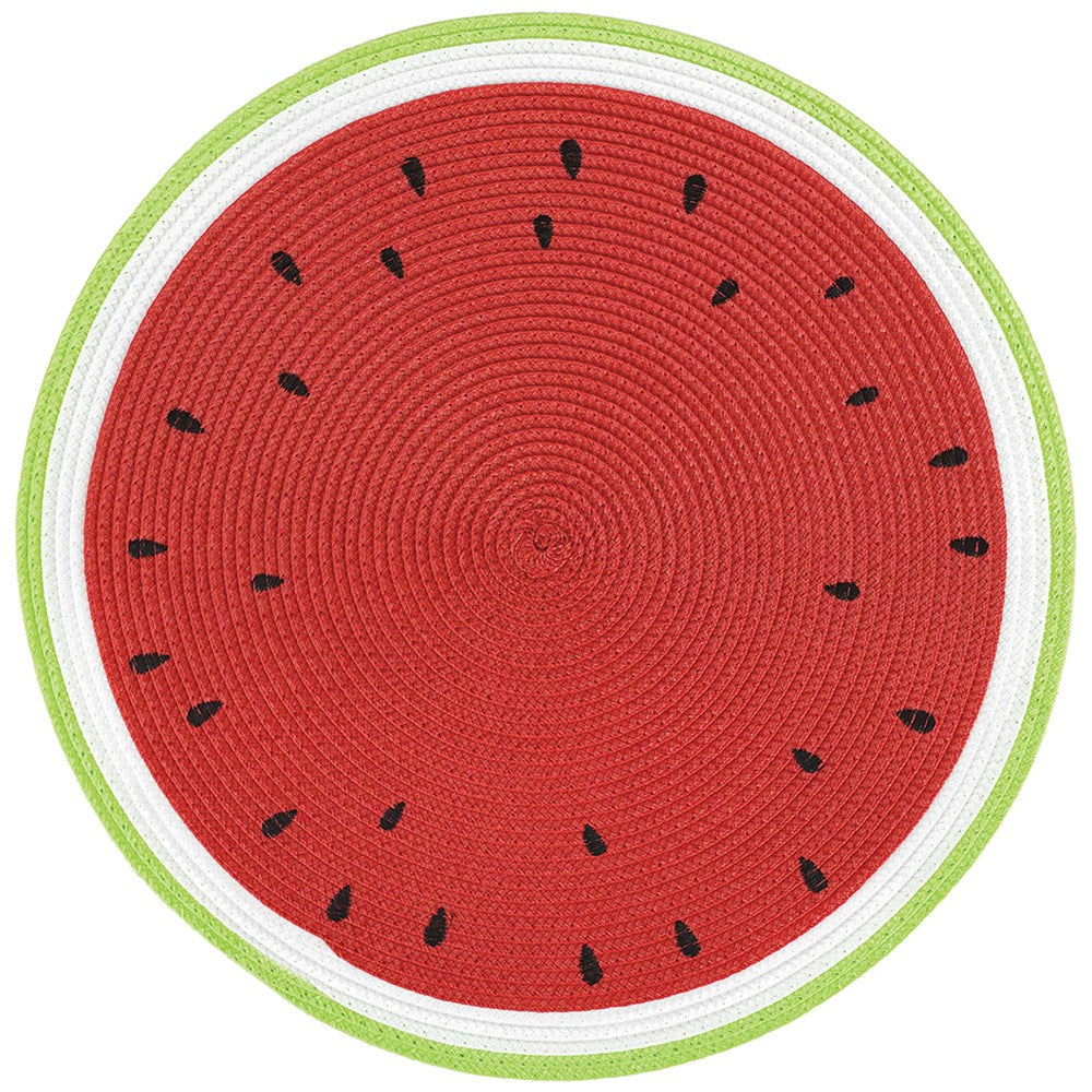 Round woven placemat designed like a watermelon slice with red center, black seeds, white rind, and green outer edge.