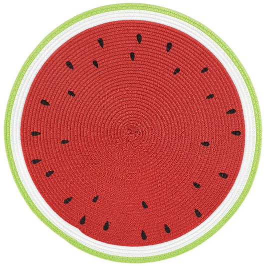 Round woven placemat designed like a watermelon slice with red center, black seeds, white rind, and green outer edge.