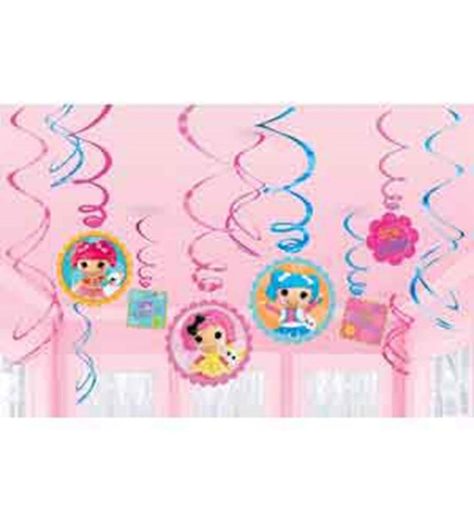 Pink and blue spiral hanging decorations with Lalaloopsy character faces and flower designs.