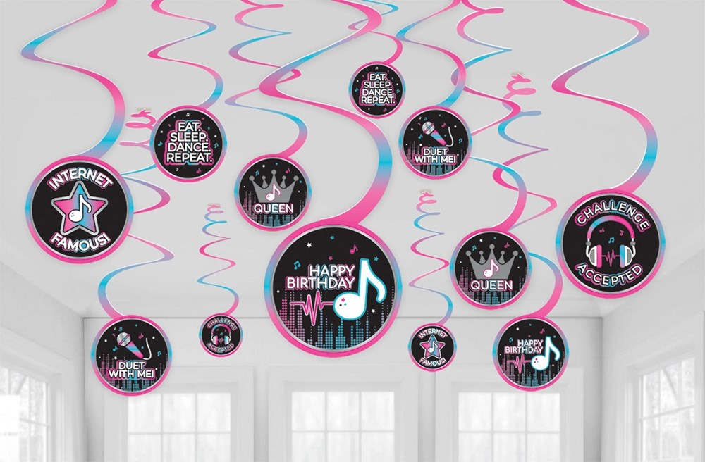 Set of 12 pink and blue spiral hanging decorations with black circular signs featuring birthday-themed internet slang and.