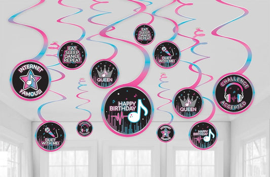 Set of 12 pink and blue spiral hanging decorations with black circular signs featuring birthday-themed internet slang and.