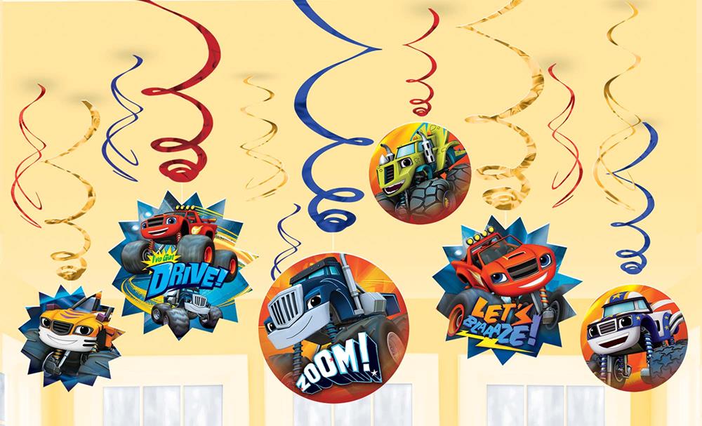 Blaze Monster Machines 12 colorful swirl ceiling decorations with character cutouts in red, blue, and yellow.