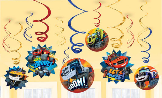 Blaze Monster Machines 12 colorful swirl ceiling decorations with character cutouts in red, blue, and yellow.