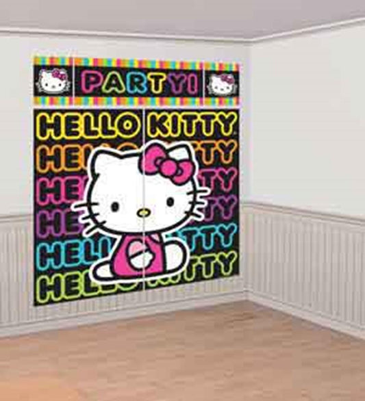 Colorful Hello Kitty wall scene setter with vibrant text and cartoon character holding a heart.