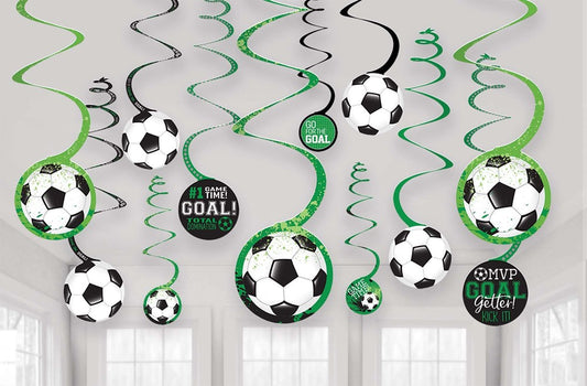 Black and green spiral hangers with soccer ball and "Goal Getter" round paper decorations.