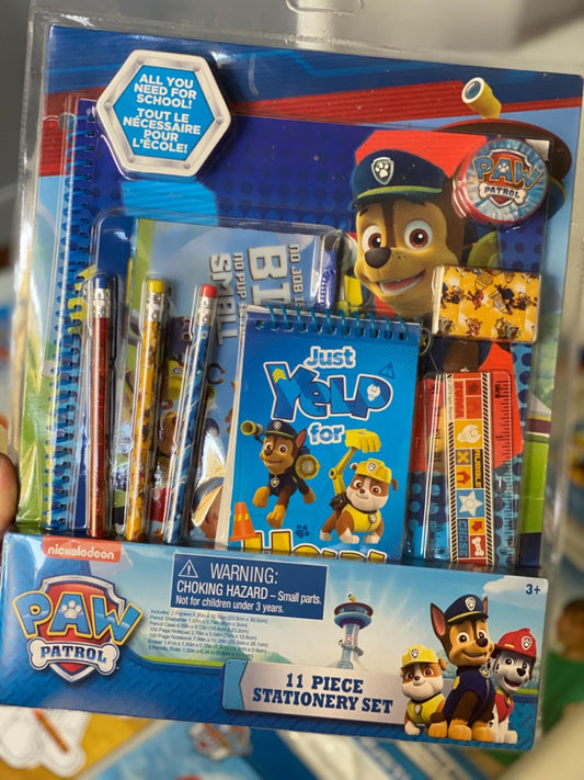 Paw Patrol 11-piece party favor set with blue packaging featuring Chase, pencils, stickers, and small toys.