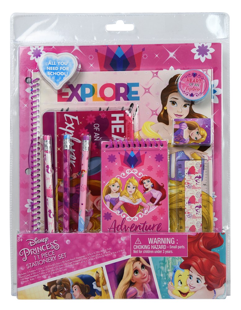 Disney Princess 11-piece stationery set in pink PVC clamshell with colorful princess-themed designs and accessories.