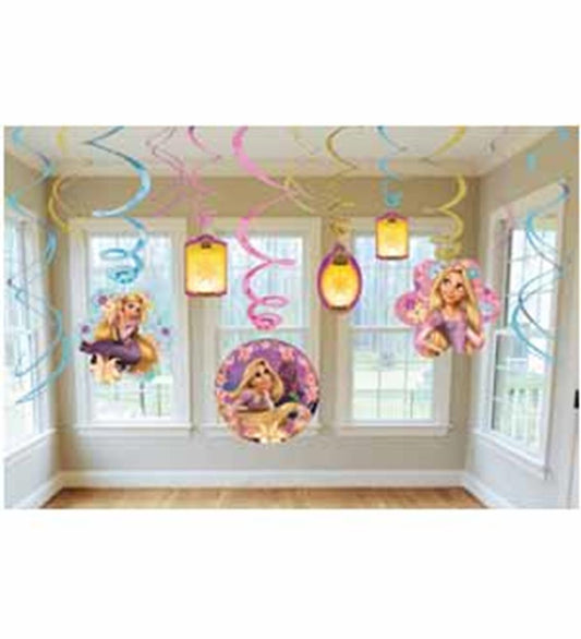 Disney Tangled themed swirl decorations in pastel pink, blue, and yellow with character images hanging in a bright room.
