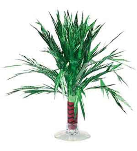 Small decorative palm tree centerpiece with shiny green foil leaves and a brown trunk on a clear plastic base.
