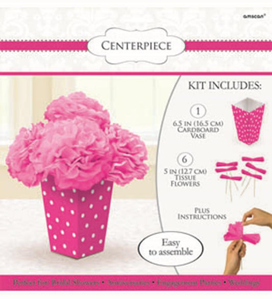 Bright pink fluffy flower centerpiece with six tissue flowers and a pink polka dot cardboard vase kit.