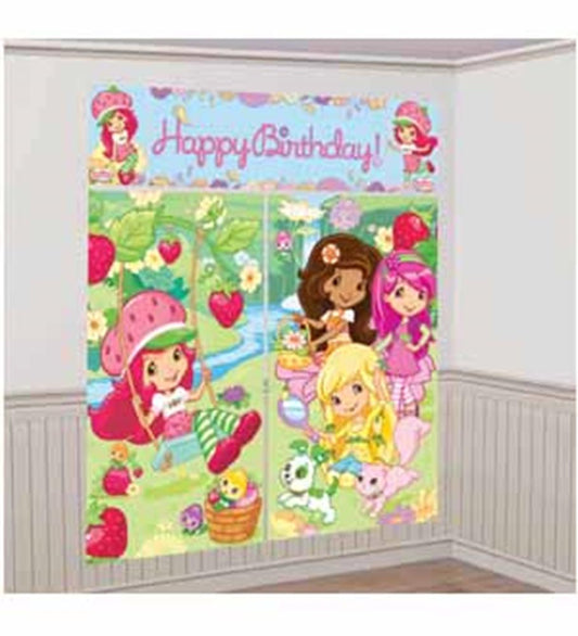 Colorful bedroom corner wall decals featuring Strawberry Shortcake characters, strawberries, cupcakes, and "Happy Birthday!"