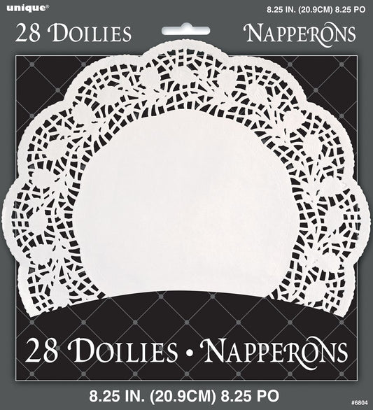 White paper doilies with intricate lace-like scalloped edges, 8.5 inches diameter, pack of 28.