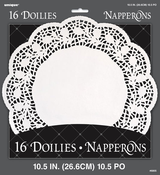 White 10-inch round paper doilies with intricate lace-like cutout edges, pack of 16.