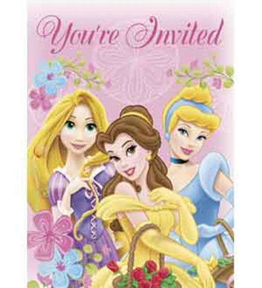 Pink Disney Princess birthday invitation featuring Rapunzel, Belle, and Cinderella with floral accents and elegant script.