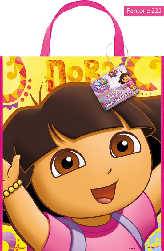 Yellow and pink tote bag featuring a large smiling Dora cartoon face with brown eyes and hair, pink handles, and a colorful.